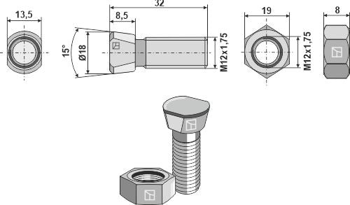 Plough bolt M12x1,75x32 with hexagon nut