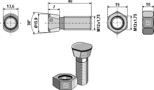 Plough bolt M12x1,75x40 with hexagon nut