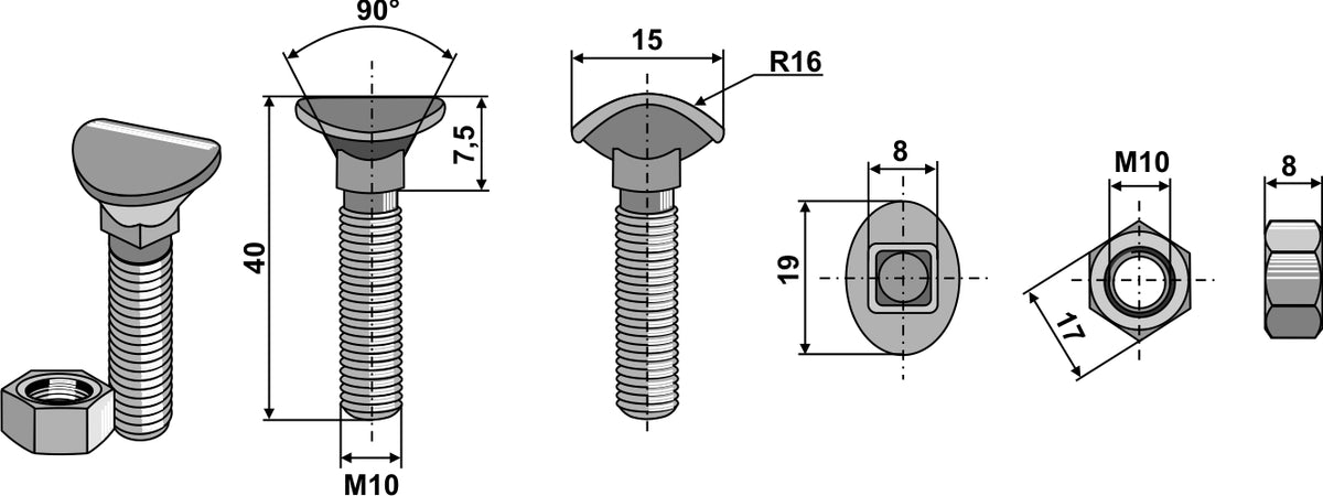 Cultivator bolt - M10x40 - 6.8
