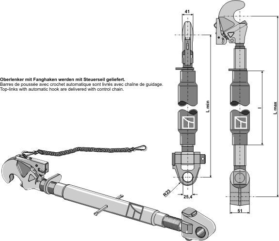 Top-links with automatic hook and swivelling tie-rod M30x3,5