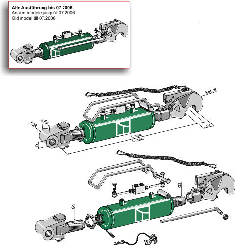 Hydraulic top-link with hook and swivelling tie-rod