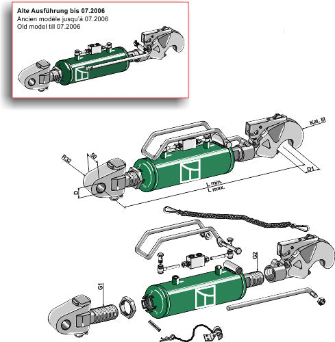 Hydraulic top-link with hook and swivelling tie-rod