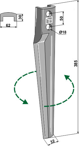 Tine for rotary harrows 385mm, left