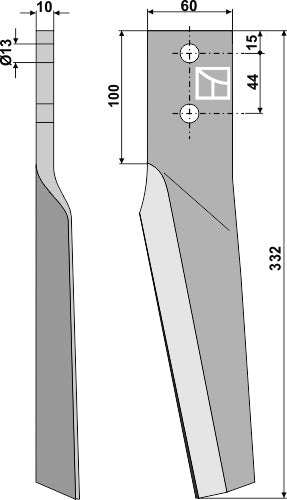 Tine for rotary harrows 332mm, right