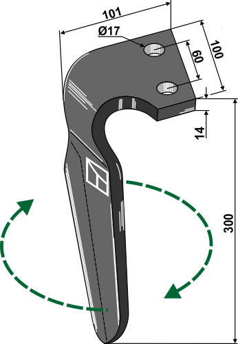 Tine for rotary harrows 300mm, right