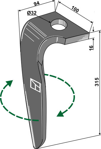 Tine for rotary harrows, right