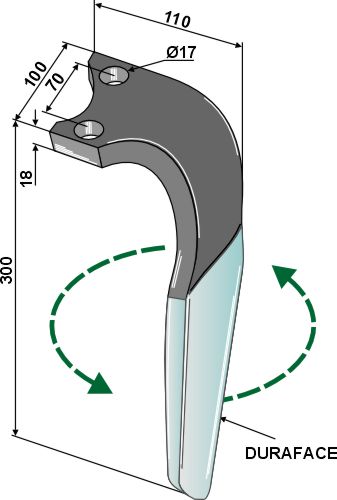 Tine for rotary harrows (DURAFACE), left