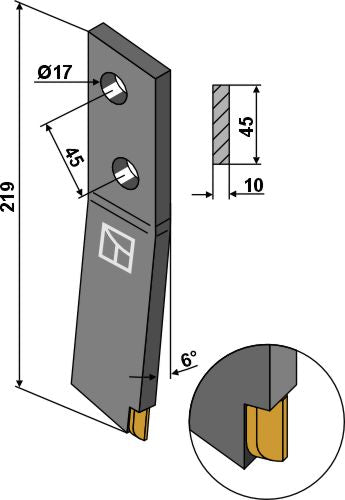 Bolt-on tine - right - Hard metal