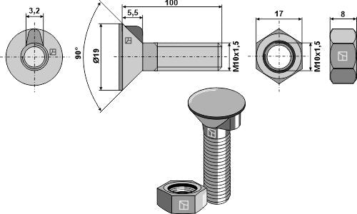 Plough bolt DIN 604 M10x1,5x100 and hexagon nut