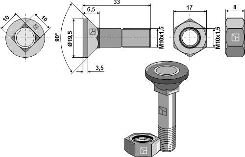Plough bolt M10x1,5x33 and hexagon nut