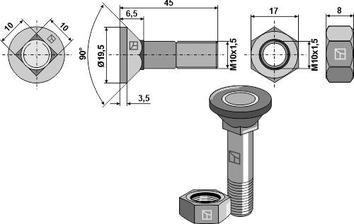 Plough bolt M10x1,5x45 and hexagon nut