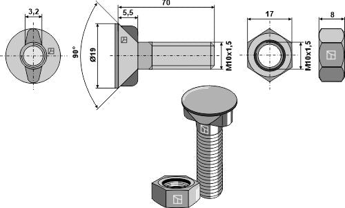 Plough bolt DIN11014 M10x1,5x70 with hexagon nut