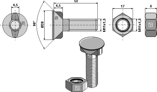 Plough bolt M11x1,5x50 with hexagon nut