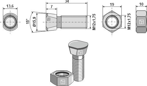Plough bolt M12x1,75x34 with hexagon nut