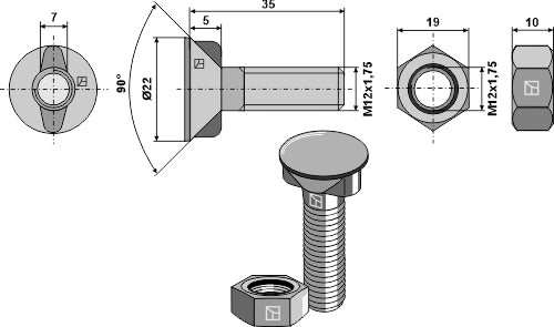 Plough bolt M12x1,75x35 with hexagon nut