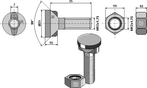 Plough bolt M12x1,75x35 with hexagon nut