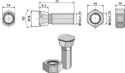 Plough bolt M12x1,75x35 with hexagon nut