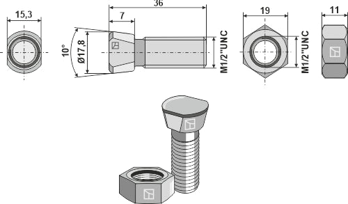Plough bolt 1/2''UNCx36 with hexagon nut