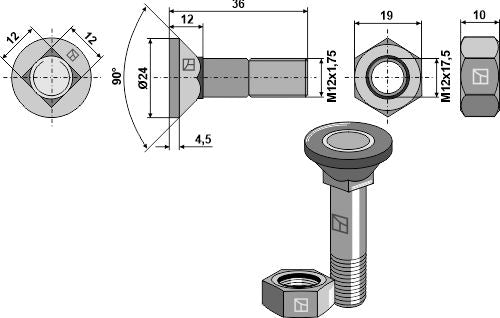 Plough bolt M12x1,75x36 and hexagon nut