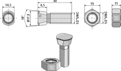 Plough bolt 1/2''UNCx40 with hexagon nut
