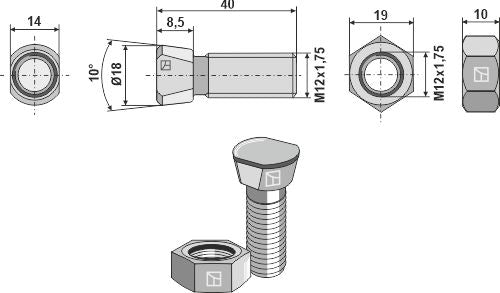 Plough bolt M12x1,75x40 with hexagon nut