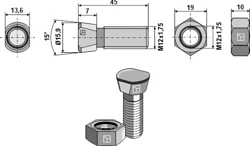 Plough bolt M12x1,75x45 with hexagon nut