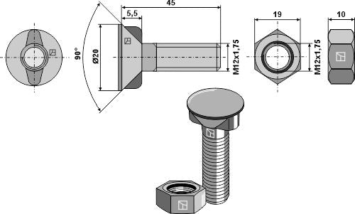Plough bolts M12x1,75x45 with hexagon nuts