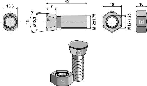Plough bolts M12x1,75x45 with hexagon nuts