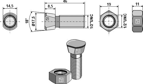 Plough bolt 1/2''UNCx46 with hexagon nut
