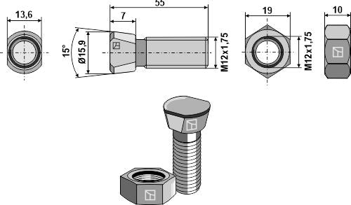 Plough bolts M12x1,75x55 with hexagon nuts