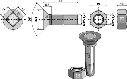 Plough bolt M12x1,75x65 and hexagon nut