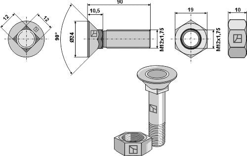 Plough bolt M12x1,75x90 and hexagon nut