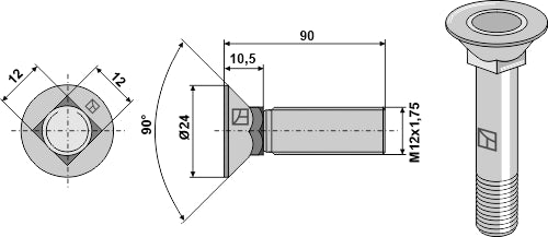Plough bolt DIN608 M12x1,75x90 galvanized