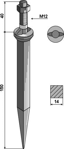 Sead harrow tooth from boron steel, neck with 2 snugs along the direction of motion