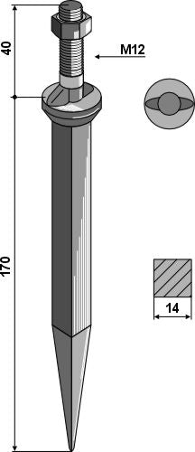 Sead harrow tooth from boron steel, neck with 2 snugs along the direction of motion