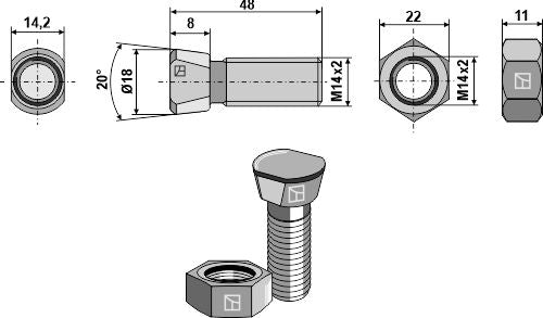 Plough bolt M14x2x48 with hexagon nut