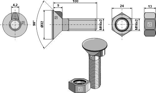 Plough bolt DIN604 M16x2x100 and hexagon nut