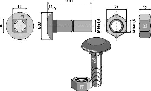 Plough bolt M16x1,5x100 and hexagon nut
