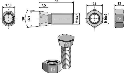 Plough bolt M16x2x55 with hexagon nut