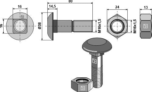 Plough bolt M16x1,5x80 and hexagon nut