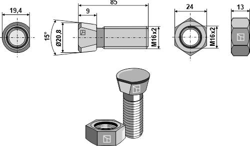 Plough bolt M16x2x85 with hexagon nut