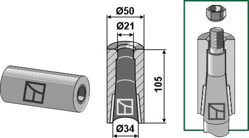 Welding bush for tine with locking piston