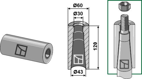 Welding bush for tine with M28 thread