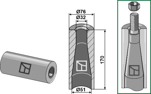 Welding bush for tine with M28 thread