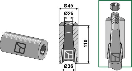 Welding bush for tine with locking piston