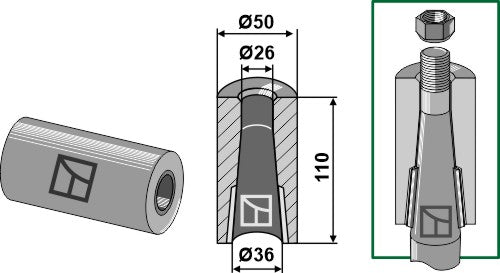 Welding bush for tine with locking piston