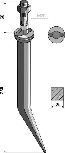 Sead harrow tooth from boron steel with oval neck across the direction of motion
