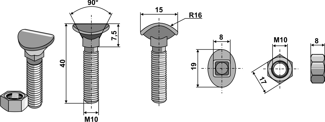 Cultivator bolt - M10x40 - 6.8