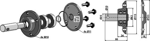 Deep groove ball bearing for coulters compl. with shaft Ø25mm