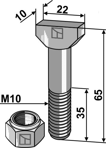 Hammer-head bolt 10x65 with self-locking nut 8.8